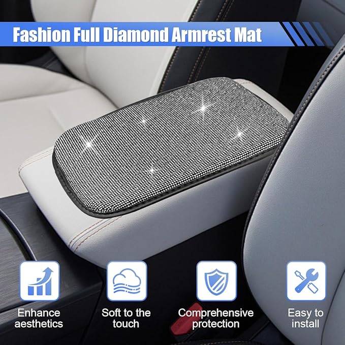 11.9''×8.4'' Bling Car Center Console Cover, Crystal Rhinestone Arm Rest Protective Cushion Pad, Diamond Soft Elbow Pillow, Auto Interior Decoration Accessories for Women Girls (White)