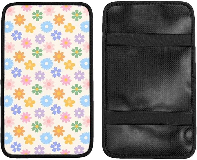 Floral Boho Center Console Cover Pad,Retro Colorful Flower Car Armrest Seat Box Cover Cushion Universal for Most Vehicle SUV Truck,Car Interior Accessories Decor,Protect from Pet Claws & Dirt