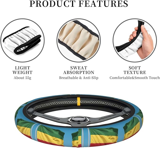 Ethiopian Flag Universal Fit Steering Wheel Cover for Car, Truck, and SUV, Durable Steering Wheel Protection
