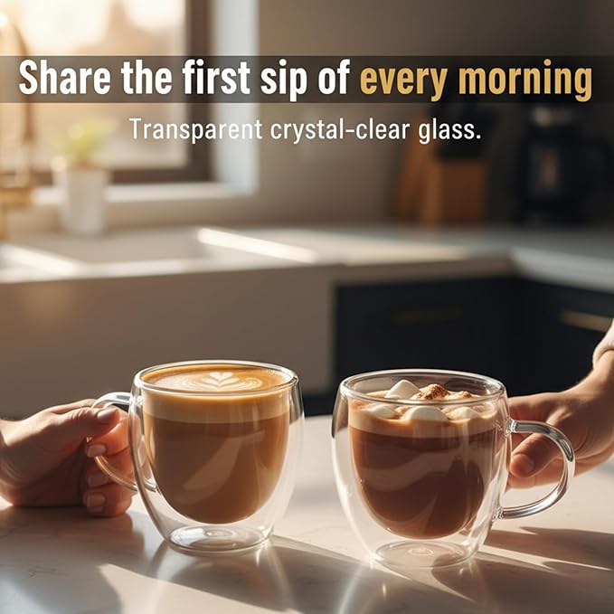 Double Walled Coffee Cups Glasses Mugs 9oz Set of 4 | Heat Resistant Borosilicate Clear Glass Espresso Latte Cappuccino Tea Cups with Handle | Insulated Glass Coffee Mugs Ideal for Gifting