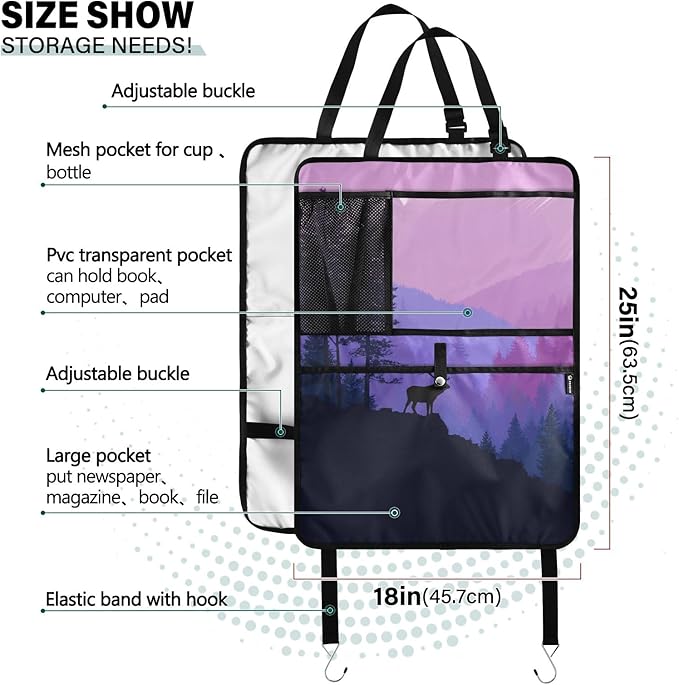 2 Pack Back Seat Car Organizer with Storage Pockets Kick Mats Back Seat Protector Hanging Car Organizer Automotive Seat Back Cover Organizers Purple Stag Mountains and Forest