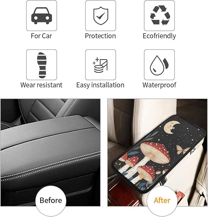Universal Car Center Console Cushion Pad, Butterfly Red Mushroom Soft Waterproof Car Center Console Cover Auto Armrest Seat Box Cover Protector for Most Vehicle SUV Truck Car