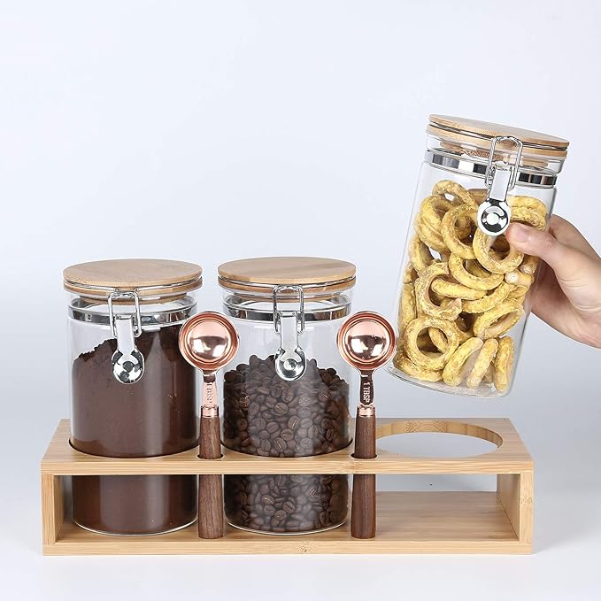 KKC Glass Coffee Jar Set of 3 with Bamboo Lids & Spoons | 40oz Airtight Coffee Bar Accessories & Organizer for Countertop | Clear Sugar and Coffee Container Set for Ground Beans & Tea