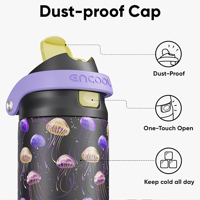 ENCOOL Leakproof Insulated Water Bottle with Straw Dual-Sip Water Bottle Bag-Safe Design for Work, Commute & Gym – Keeps Drinks Cold All Day, 24 oz, Neon Jellyfish