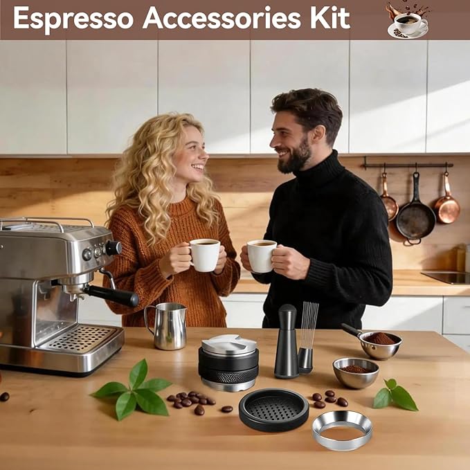 53mm Espresso Accessories Kit, 4-in-1 Set: 2-in-1 Distributor & Tamper, Tamper Mat, WDT Tool & Magnetic Dosing Funnel, Compatible with Delonghi & All 53mm Espresso Machines/Portafilters