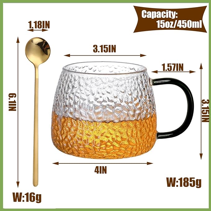 Viovian 15oz Glass Coffee Mugs Set of 6 Vintage Coffee Cups With Handles,Embossed Glass Mug for Hot Cold Beverage Clear Tea Cup for Women Birthday Gifts