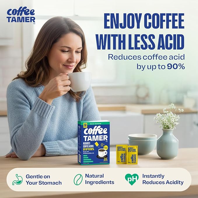 Coffee Tamer Acid Reducer Powder 50 Pack Box - All Natural Coffee Acid Reducer, Alkalizing Granules Reduce Acidity By 90%, Keto Friendly, Sugar-Free, Non-GMO, Preserves Original Flavor