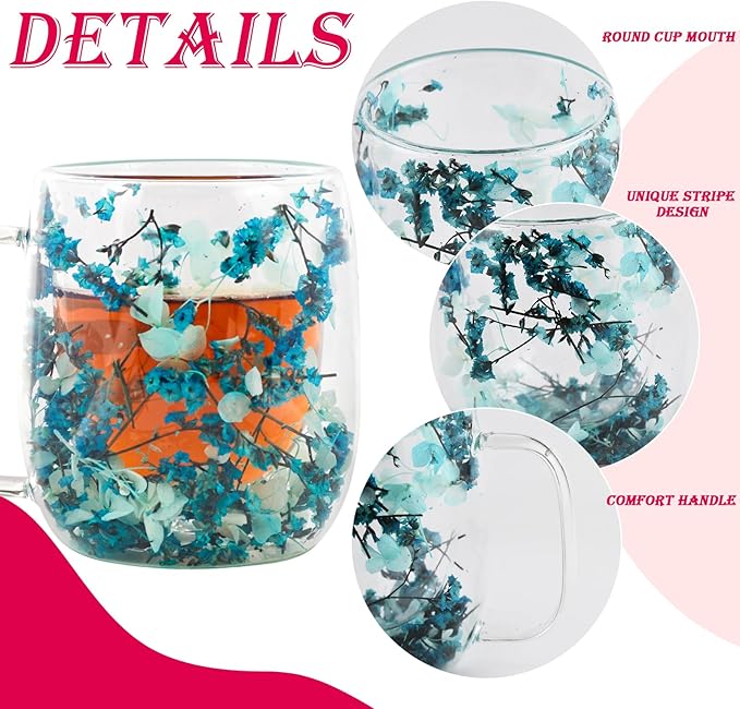 Real Flower Glass Tea Cup, Double Wall Borosilicate Coffee Mug with Preserved Flowers, Clear Aesthetic Floral Glassware, Romantic Gift for Women, Mom, Girlfriend, Mother’s Day & Women’s Day