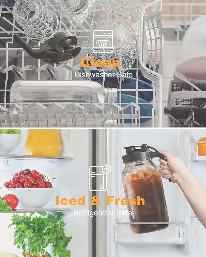 Mason Jar Pitcher Set of 2-64oz (2 Quart) Airtight & Leakproof Glass Pitcher with Lid, Perfect for Storing Breastmilk, Cold Brew, Sun Tea, with Easy-Pour Spout Lid