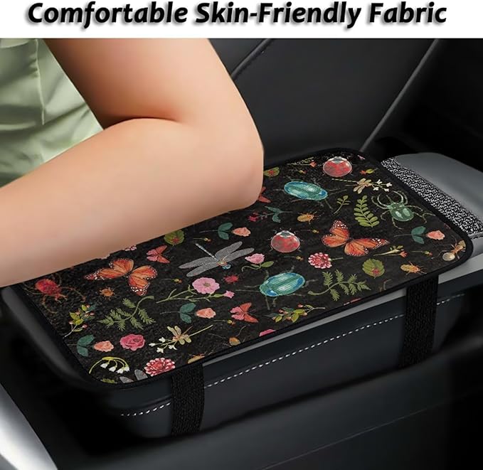 Butterflies Dragonflies Arm Rest Cover Car Easy to Install Car Center Console Cover Wear Resistant Arm Rest Lid Protector Cushion Universal Fit for Cars Trucks and SUVs