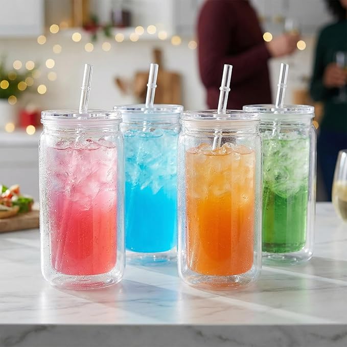 10 Pack 16oz Plastic Snow Globe Tumbler, Pre Drilled Double Wall Tumblers with Clear Lid and Straws Clear Snow Globe for Glitter DIY