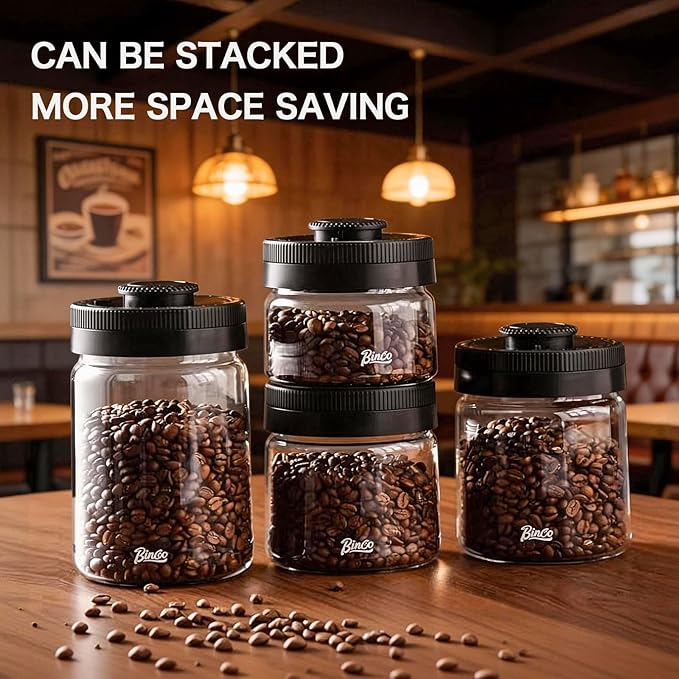 Bincoo Coffee Canister with Date Dial – Vacuum Seal Airtight Container for Coffee Beans – 40oz Borosilicate Glass Jar with One-Button Air Pump – Kitchen Storage Canister – Keep Freshness Longer(1.2L)