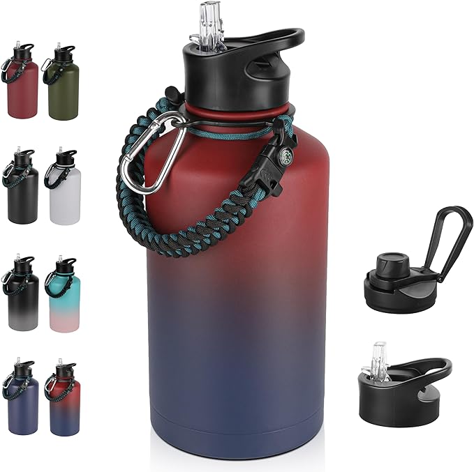 64 oz Insulated Water Bottle with Straw & Spout Lids, Stainless Steel Metal Half Gallon Water Jug with Paracord Handle, Double Wall Vacuum, Leakproof, Keep Drinks Cold & Hot, Ruby Purple Gradient