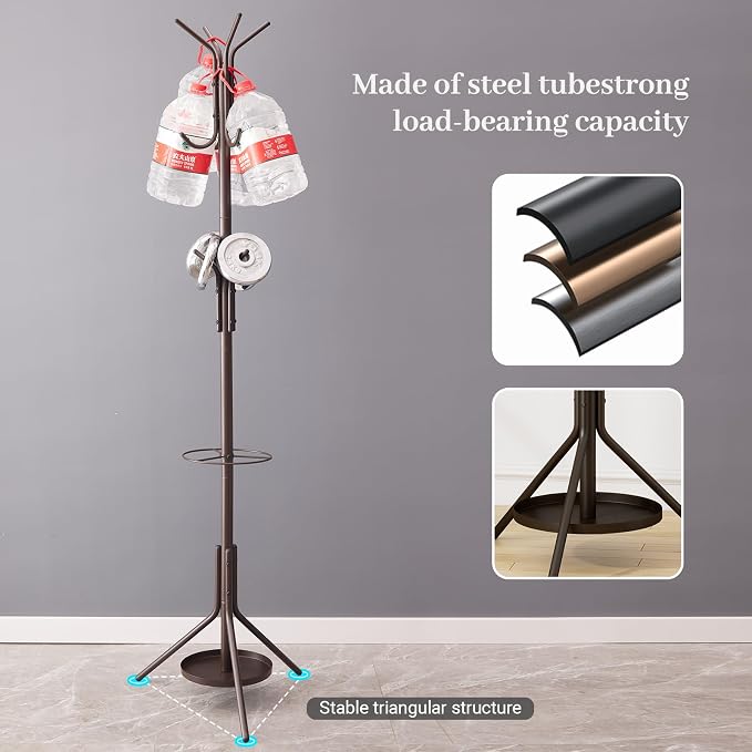 Kitsanery Coat Rack Freestanding,Metal Coat Tree with Umbrella Holder,Hat and Coat Rack Stand for Entryway, Hallway, Living Room, Bedroom (Brown)