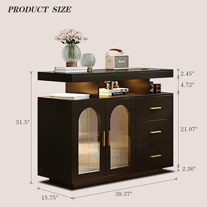 Buffet Cabinet with Storage, Modern Coffee Bar Table with 3 Drawers and 2 Doors for Kitchen, 20-Color LED Lights Sideboard Buffet Cabinet with Charging Station, Black