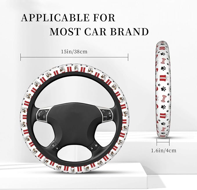 Elastic Steering Wheel Cover, Christmas Bulldog Universal 15 Inch Non-Slip Breathable Steering Wheel Protector, Car Accessories Fit Auto, Suvs, Truck, Sedans