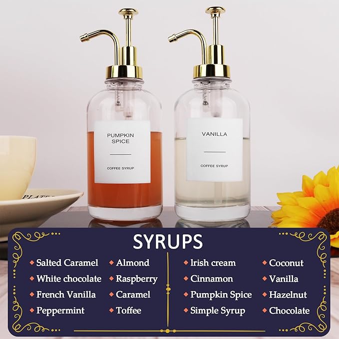 2Pack Coffee Syrup Dispenser, 16.9 oz Transparent Glass Bottles with Gold Pump, Labeled for Precise Dispensing, Ideal for Coffee Shop and Home Bar