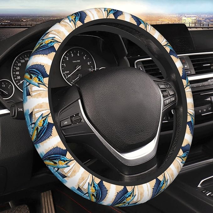 Beautiful Blue Marlin Pattern Car Steering Wheel Cover, 15 Inch Steering Wheel Cover Stylish Decor for Most Cars