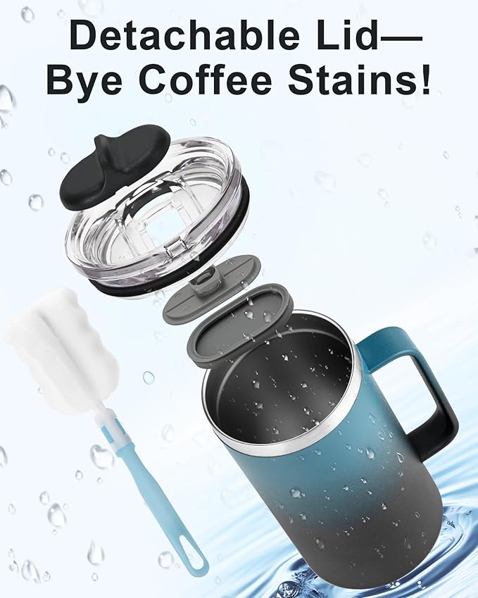Insulated Coffee Mug 24 oz, Double Wall Stainless Steel Coffee Mug with Lids, Leak-Proof & Detachable Slider Lid for Thorough Clean, Keeps Coffee Cold for 9 Hrs, Suitable for Camp Home Office