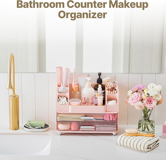 Makeup Organizer with Brush Holder, Makeup Organizer Countertop with 2 Drawers, Make up Organizers for Vanity, Vanity Organizer, Makeup Storage For Skin Cares,Makeup Brushes,Lipsticks,Perfumes(Pink)