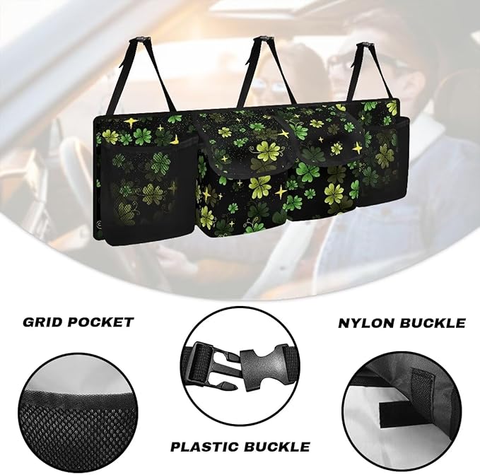 St. Patrick Day Car Trunk Organizer Green Leaves Car Storage Organizerfor SUVs & Sedans Hanging Back Seat Car Organizer