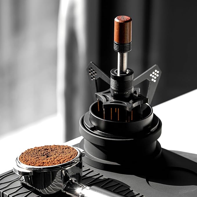 IKAPE 51mm Mantis WDT Distribution Tool with Clean Brush, Espresso Stirrer Distribution Tool for Barista, 8 Needle Espresso Stirrer with Dosing Funnel &Stand, Adjustable Needle Height, Walnut Handle
