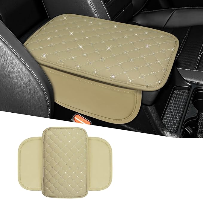 wuyaoyao Bling Car Center Console Cover, 11.81"×7.87" Leather Auto Arm Rest Cover Protector with 2 Storage Bags, Vehicle Crystal Rhinestone Armrest Cushion Pad, Interior Car Accessories (Beige)