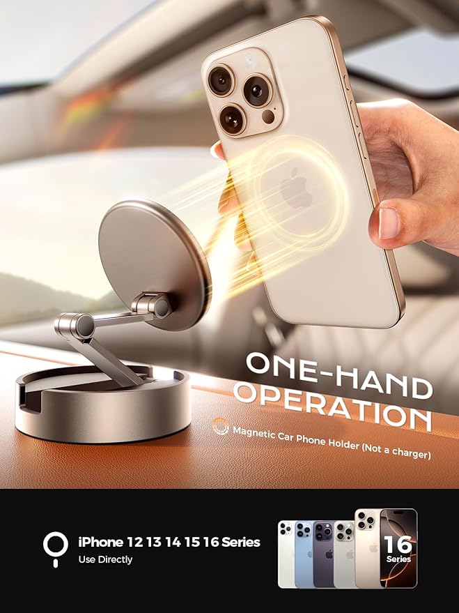 THREEKEY for MagSafe Car Phone Mount, Magnetic Phone Holder for Car with Metal Arm & 360°Rotation, Strong Magnets Car Phone Holder Mount for iPhone 16/15/14/13/12 Series & Galaxy S25 Ultra (Bronze)