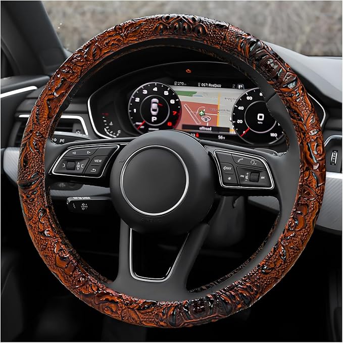 Leather Car Steering Wheel Cover, 15" Crocodile Pattern Anti Slip Car Wheel Wrap with Rose Grain, Four Seasons Universal Auto Steering Wheel Protector for Cars Trucks SUVs (Brown)