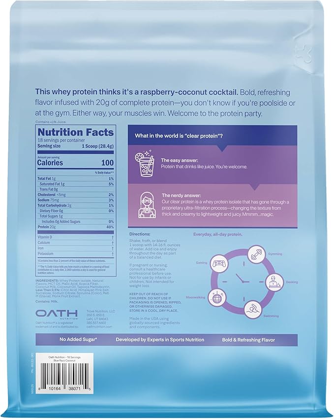 Oath Nutrition Clear Whey Isolate Protein Powder, Blue Razz Coconut, 20g Complete Protein per Serving, No Added Sugar, Grass-Fed, 18 Servings