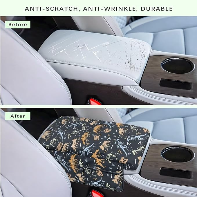 Dreaweet Dinosaur Car Accessories Thick Center Console Cover with Pockets Cute Car Armrest Storage Box Mat,Universal Comfortable Arm Rest Cover for Car Center Console Armrest Cover Pad