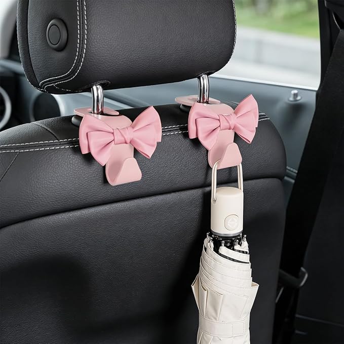 2PCS Cute Bow Car Seat Headrest Hook, Multifunctional Backseat Storage Hanger for Purse Handbag Coat, Automotive Seat Back Bag Holder Organizer, Universal for SUV RV Truck (Pink)