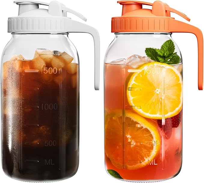 2 Pack Glass Mason Jar Pitcher with Lid, 64 oz (2 Quart) Leakproof Water Pitcher with Handle for Sun Tea, Cold Brew, Milk & Juice, White & Orange