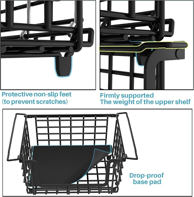 1 Pack Stackable Metal Wire Vegetable Fruit Basket for Kitchen Counter Cabinet, Pantry Organizers and Storage Basket, Food Can Snack Onion Potato Bread Storage Shelf Freezer Organizer Bins Black