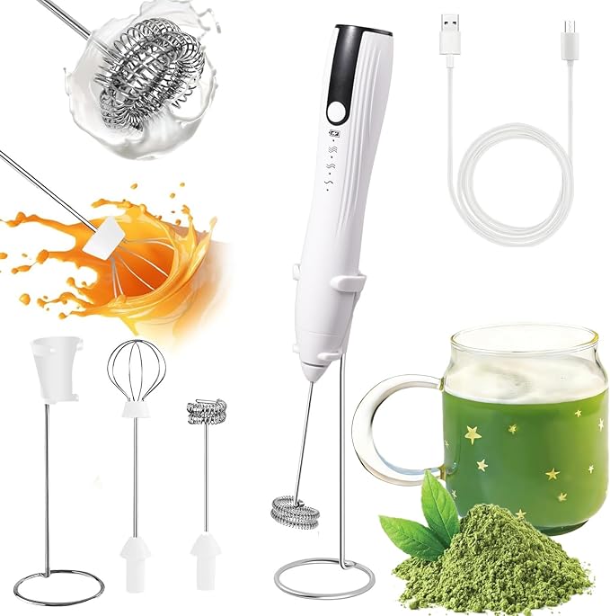 Milk Frother Handheld with Stand, Rechargeable Coffee Frother Wand with 2 Stainless Whisks 3 Speeds, Drink Mixer, Electric Foam Maker, Hand Mixer for Lattes, Cappuccino, Matcha, Egg, White