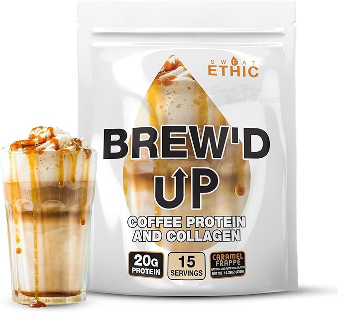 Sweat Ethic Brew’D UP Collagen Protein Coffee, Whey Isolate & Collagen Peptides, Natural Caffeine, Low Lactose, No Added Sugar, Easy-Mix Protein Coffee Powder, Caramel Frappe Flavor, 15 Servings