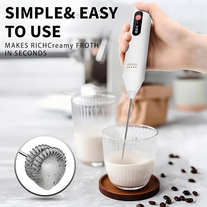 3-Speed Rechargeable Milk Frother for Coffee, Baking & Eggs - USB Fast Charging, Portable Frother Wand for Perfect Foam Every Time! (White, 3-Speed & USB Rechargeable)