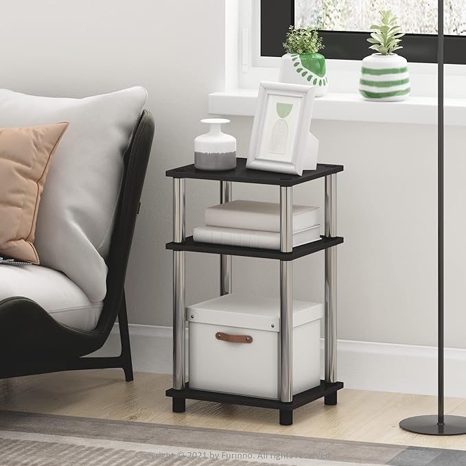 Furinno JUST Side Table Set of 2, 3-Tier End Tables, Open Shelves Night Stand, Nightstand, Toolless Assembly, for Living Room, Bedroom, Americano/Stainless Steel