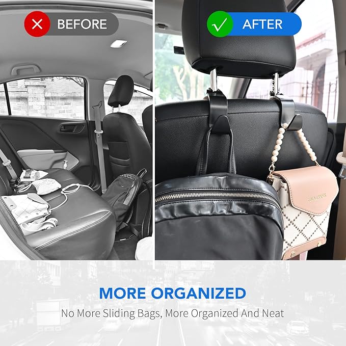 Car Seat Headrest Hook, Universal Car Storage Headrest Hanger Holder Hooks Organizer, Vehicle Strong and Durable Backseat Hanger Interior Accessories for Handbag Purse Coat 4 Pack Black
