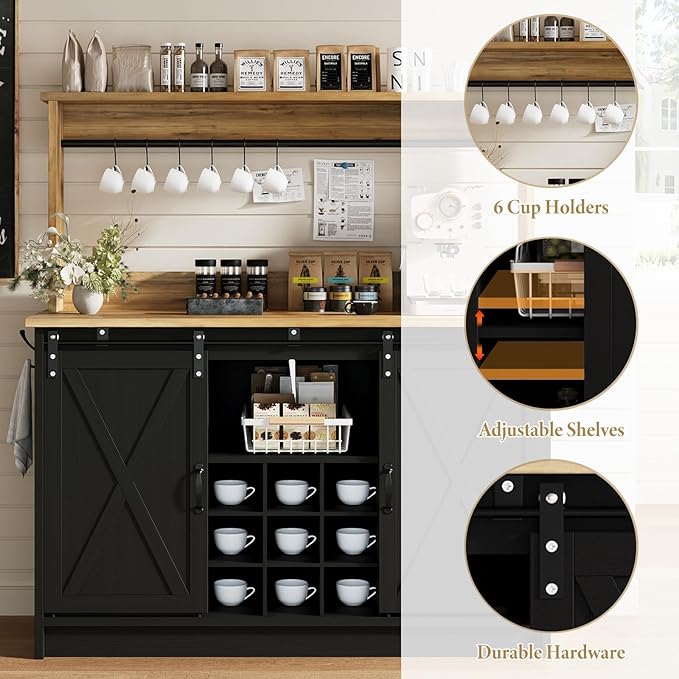 4ever2buy Farmhouse Coffee Bar Cabinet with Hutch, 47 Inch Buffet Cabinet with Storage, Wine Bar with 9 Wine Racks and 6 Hooks, Coffee Bar Table with Adjustable Shelves for Living Dining Room, Black