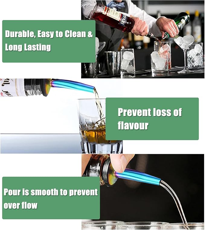 WAFJAMF 6 Pcs Liquor Pour Spouts Set, Stainless Steel Liquor Bottle Pourers with Rubber Dust Caps, for Pours Liquid, Olive Oil, Wine, Vinegar（Rainbow）