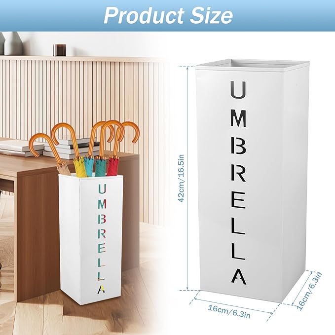 Metal Umbrella Stand Holder, 16.5x6.3x6.3inch Square Free Standing Umbrella Rack Decorative Umbrella Holder Bin Multipurpose Walking Sticks Holder for Umbrella Cane Entryway (White)
