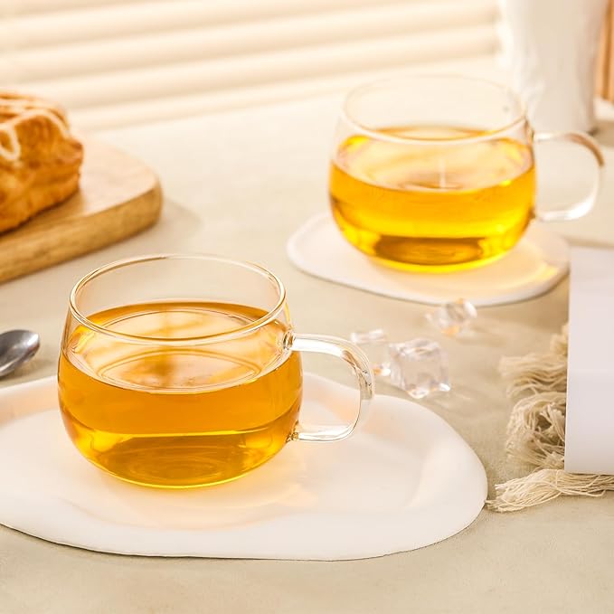 Glass Tea Cups Set of 2, Clear Borosilicate Glass Teacups with Handle for Tealover, Dishwasher & Microwave Safe Large Coffee Mugs for Espresso Cappuccino Latte Juice, 12OZ/360ML