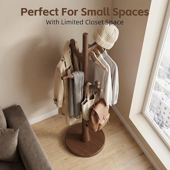 Uniclinens Coat Rack Freestanding Solid Wood Coat Tree Standing with 4 Hooks, Coat Rack Stand Creative Tree Branch-look (Walnut)