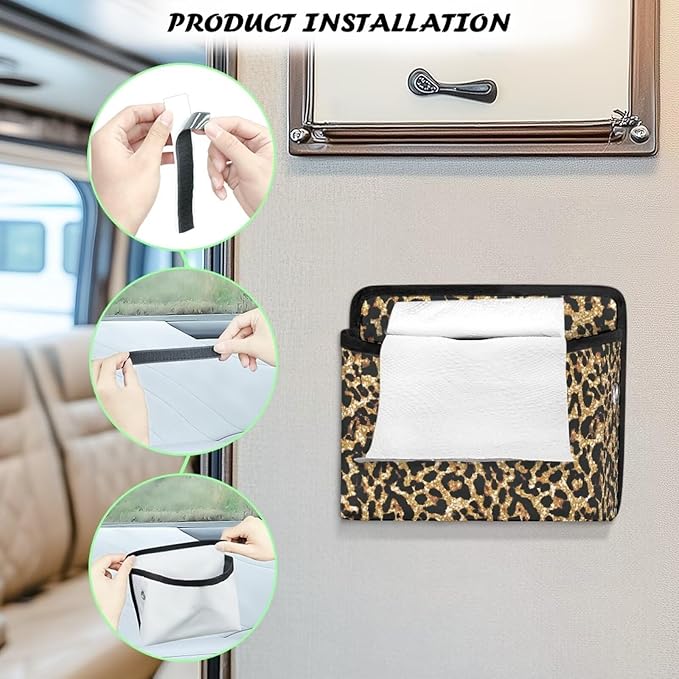 Renewold Gold Leopard Print Car Side Pocket Organizer Holder for Cell Phone Sunglasses Cards Front Back Seat Storage Pocket for Car Small Auto Console Door Window Storage Bag for Interior Organizer