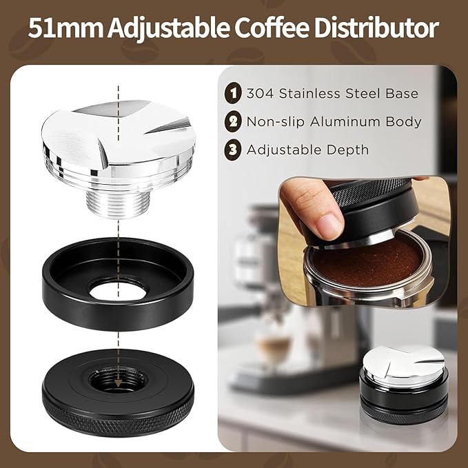51mm Espresso Accessories Kit (9 PCS) - Tamper, Coffee Distributor, WDT Tool, Puck Screen, Dosing Funnel & Latte Art Set with 16 Stencils for Home Baristas