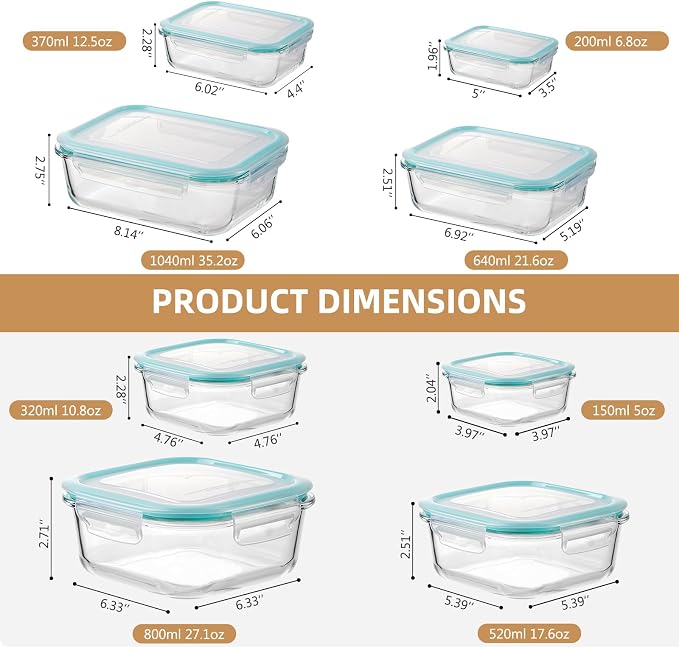 YUNCANG 8 Pack Glass Food Storage Containers with Lids, 5oz to 35oz Meal Prep Containers, Airtight Bento Boxes with Leak Proof Locking for Microwave, Oven, Freezer and Dishwasher, BPA Free