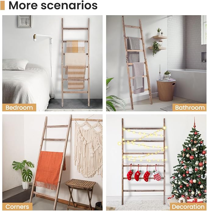 SwaaVee Blanket Ladder 6-Tier Towel Rack, Wooden Quilt Ladder Shelf for Home Decor, Wall Leaning Farmhouse Quilt Display Towel Holder Organizer for Living Room, Bathroom (24" Wide)