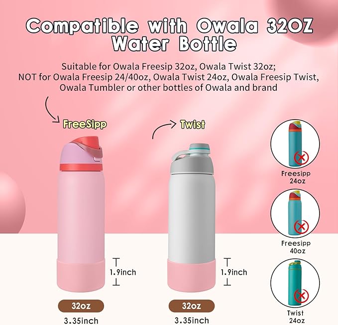 2PCS Silicone Water Bottle Boot, Compatible with Owala 24oz 32oz 40oz, Protective Anti-Scratch & Anti-Dent No Noise Sleeve Cover for FreeSip/Twist/Flip Water Bottles (Angel Food Cake, 32oz)