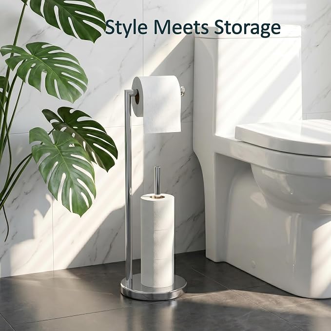 FORIOUS Toilet Paper Holder Stand, Modern Freestanding Tissue Roll Holder for Bathroom, Durable SUS 304 Stainless Steel and Weighted Base Toilet Paper Stand, Storage for 4 Rolls, Polished Chrome